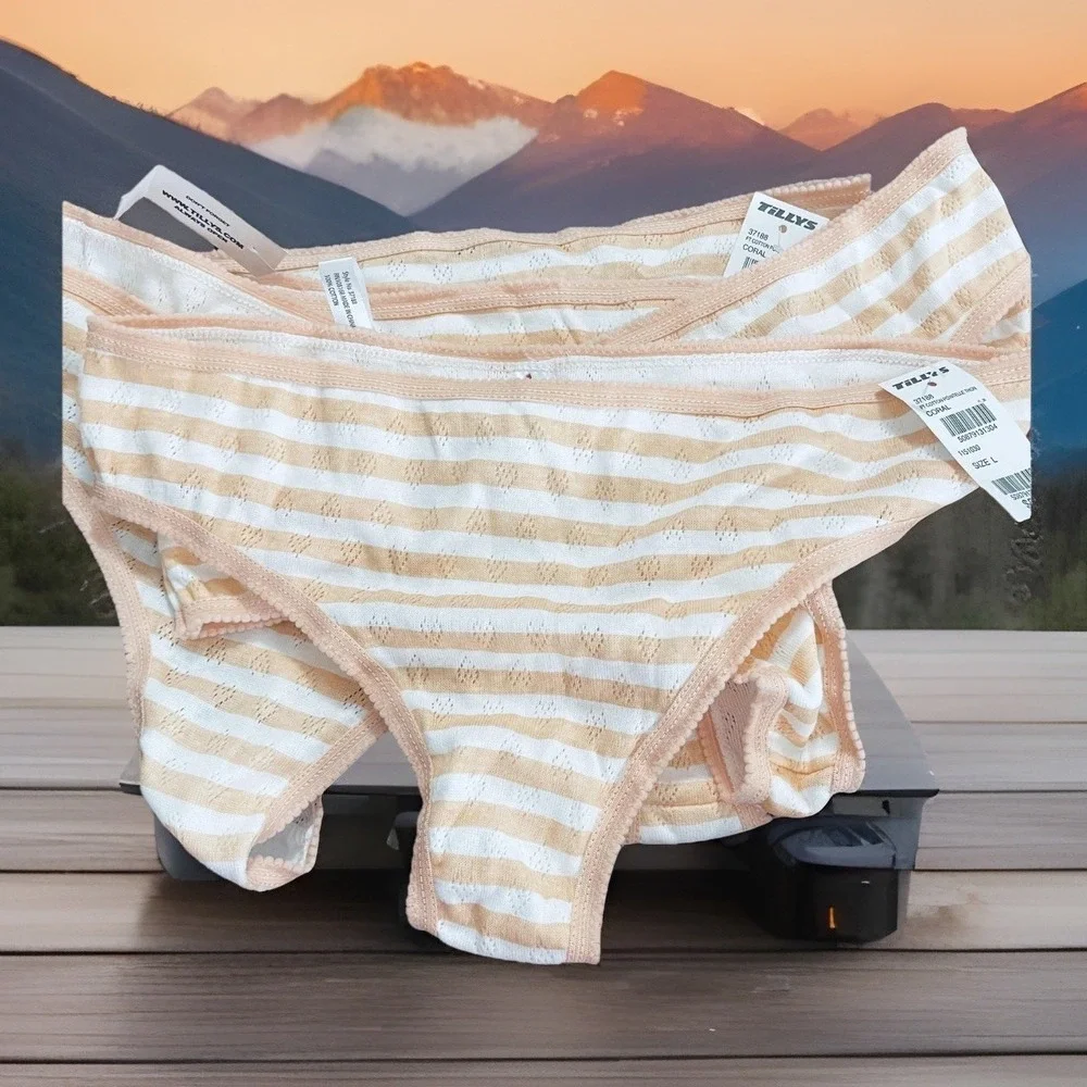 Lot Of 5 FULL TILT Panties Womens‎ L Pink White Stripe Cotton Pointelle Thong